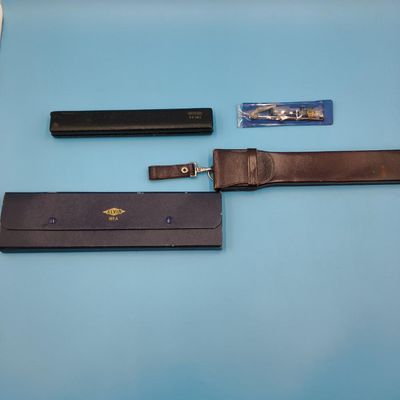 Alvin drafting set with metal slide rule, compasses/dividers and cases