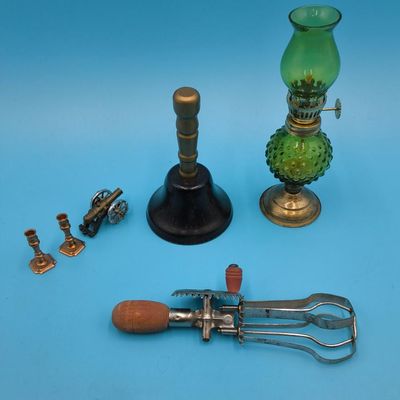 Mixed Decorative Lot: Green Hobnail Glass Oil Lamp, Hand Crank Egg Beater, Small Brass Candlesticks & Miniature Cannon (approx. 6 pcs)
