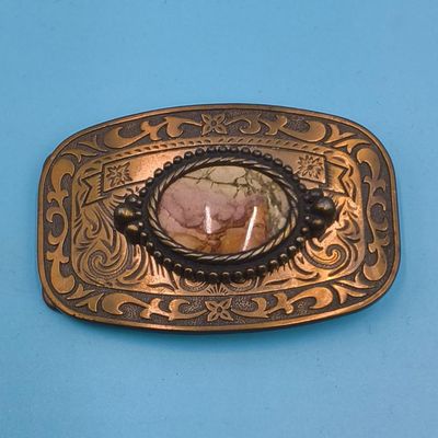 Ornate Brass-Tone Belt Buckle with Oval Polychrome Cabochon