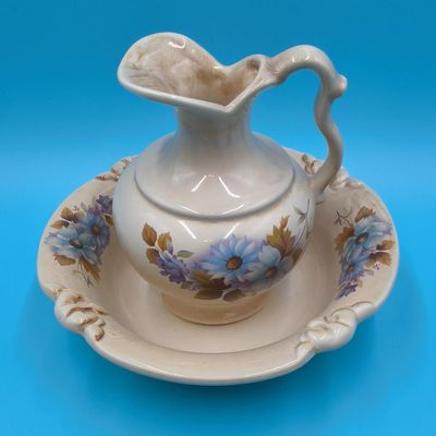Ceramic Pitcher & Matching Wash Basin — Embossed "HAEGER" Mark (2 pcs)