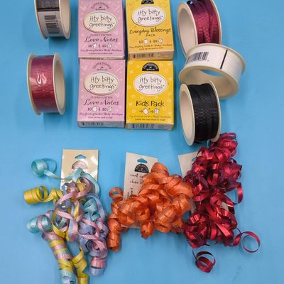 Lot: 'itty bitty greetings' (Expressions/Hallmark) 4 Packs + Assorted Curling Ribbon Spools & Bundles