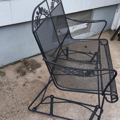 Black Painted Metal Mesh Outdoor Glider Loveseat — Floral Back & Arm Details
