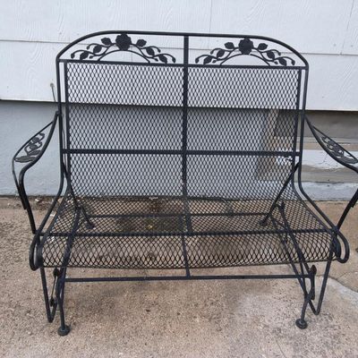 Black Painted Metal Mesh Outdoor Glider Loveseat — Floral Back & Arm Details