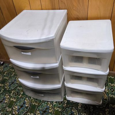 Lot of 2 Plastic Stackable Storage Drawer Towers — Used, Scuffed