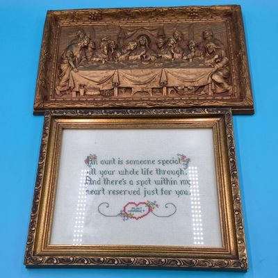 Pair of Framed Wall Hangings — Gilded Relief Plaque (Last Supper motif) & Framed Cross‑Stitch Sampler (Genuine Burwood)