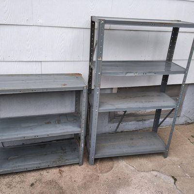 Lot of 2 Gray Metal Utility Shelving Units — Steel Adjustable Uprights, Used