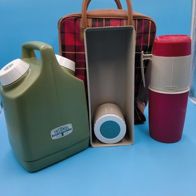 Lot of Thermos-brand insulated jugs, flasks & plaid carry bag — 5 pieces