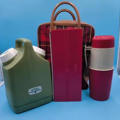 Lot of Thermos-brand insulated jugs, flasks & plaid carry bag — 5 pieces