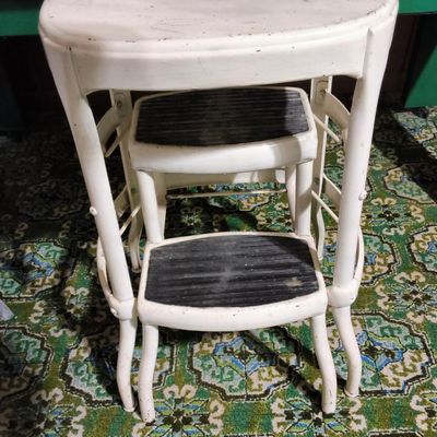 White Painted Metal 3-Step Kitchen Stool with Black Rubber Treads