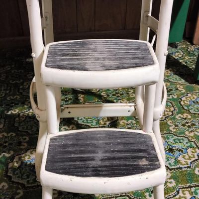White Painted Metal 3-Step Kitchen Stool with Black Rubber Treads