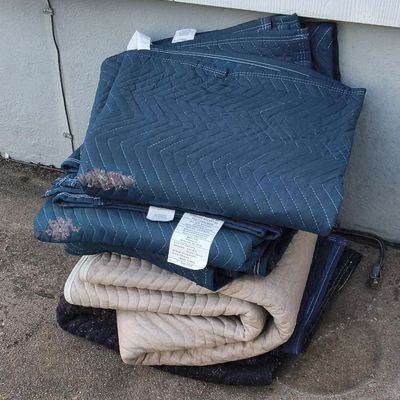 Lot of six quilted moving blankets/pads (blue & beige) with 'ALLIED VAN LINES' marking