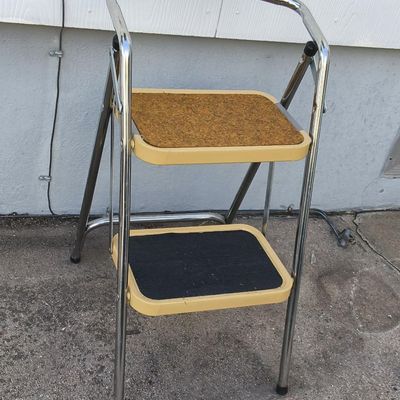 Two-step Folding Step Stool / Small Ladder — Chrome Frame, Cork Top & Rubber Tread