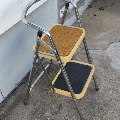 Two-step Folding Step Stool / Small Ladder — Chrome Frame, Cork Top & Rubber Tread