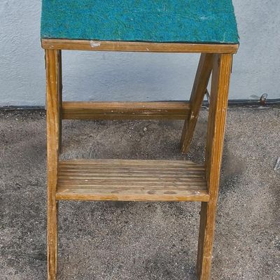 Wooden Folding Step Stool / Sawhorse Style Stool with Green Felt Top