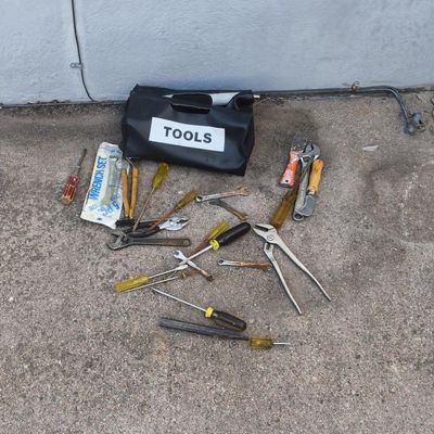 Lot of Mixed Hand Tools with Black 'TOOLS' Vinyl Tool Bag — approx. 15–20 Pieces (Used)