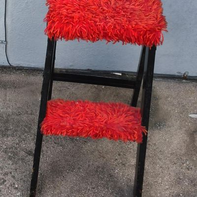 Wooden 3‑Step Folding Stool with Red Shag Fabric Covers — 1 Piece