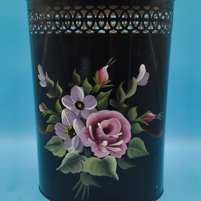 Black Hand-Painted Metal Umbrella Stand / Wastebasket with Pierced Border