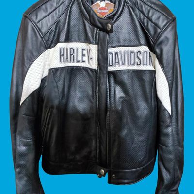 Harley‑Davidson Black & White Perforated Genuine Leather Motorcycle Jacket medium