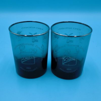 Pair of Blue 'Ball' 25th Anniversary Etched Glass Tumblers — Science Instruments / Aerospace