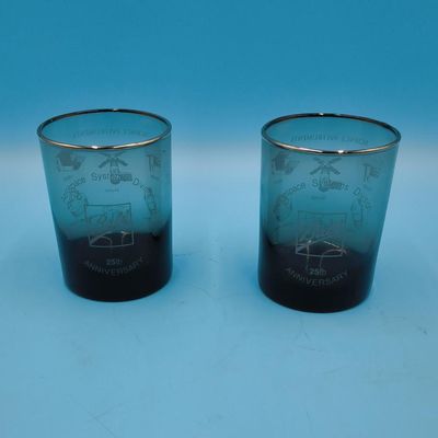 Pair of Blue 'Ball' 25th Anniversary Etched Glass Tumblers — Science Instruments / Aerospace
