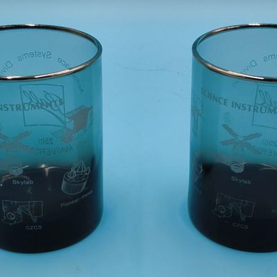 Pair of Blue 'Ball' 25th Anniversary Etched Glass Tumblers — Science Instruments / Aerospace