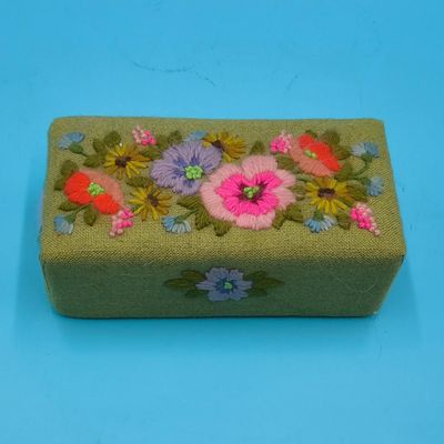 Embroidered Olive-Green Fabric Decorative Box — Floral Needlework