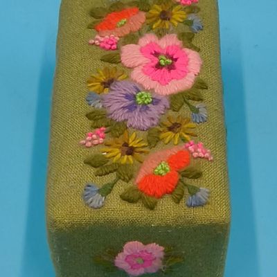 Embroidered Olive-Green Fabric Decorative Box — Floral Needlework