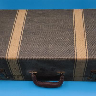 Fabric-Covered Hard Suitcase with Leather Handle & Metal Latches — Green with Yellow Stripes