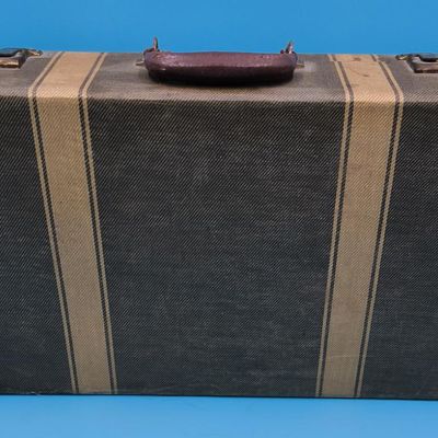 Fabric-Covered Hard Suitcase with Leather Handle & Metal Latches — Green with Yellow Stripes