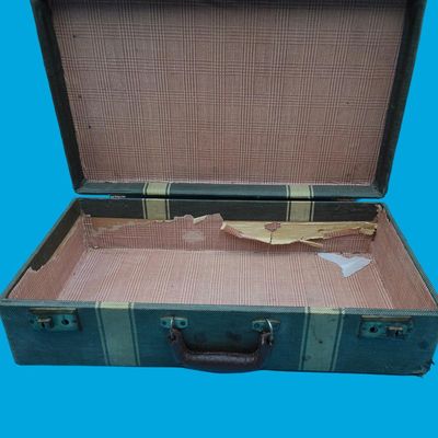 Fabric-Covered Hard Suitcase with Leather Handle & Metal Latches — Green with Yellow Stripes