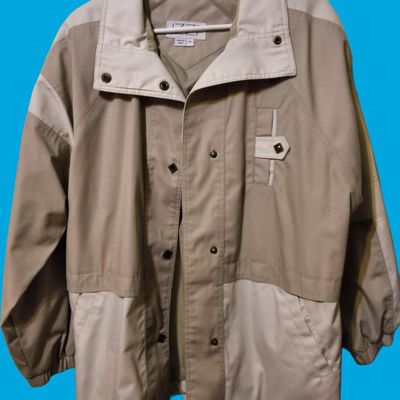 Beige two-tone jacket, label reads "IZZ", Size M (Made in India)