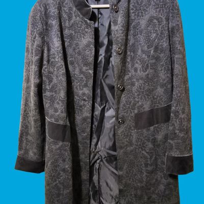 Coldwater Creek Women's Gray Patterned Coat with Velvet Trim — Size 16