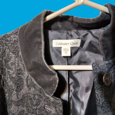 Coldwater Creek Women's Gray Patterned Coat with Velvet Trim — Size 16