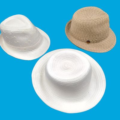 Lot of 3 Women's Summer Hats — Two White (Eyelet & Braided) + Tan Woven Straw Trilby