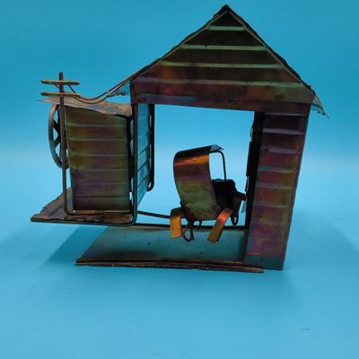 Patinated Sheet‑Metal 'GARAGE' Miniature Sculpture with Small Car and Opening Door
