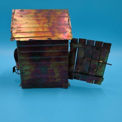 Patinated Sheet‑Metal 'GARAGE' Miniature Sculpture with Small Car and Opening Door