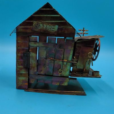 Patinated Sheet‑Metal 'GARAGE' Miniature Sculpture with Small Car and Opening Door