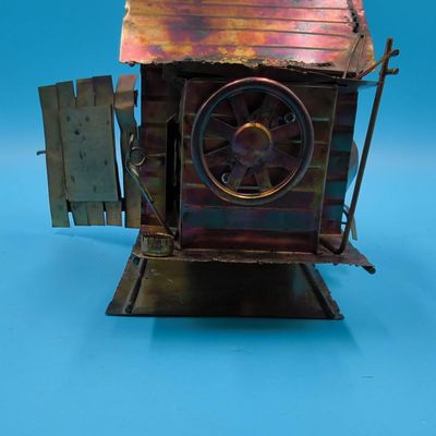 Patinated Sheet‑Metal 'GARAGE' Miniature Sculpture with Small Car and Opening Door