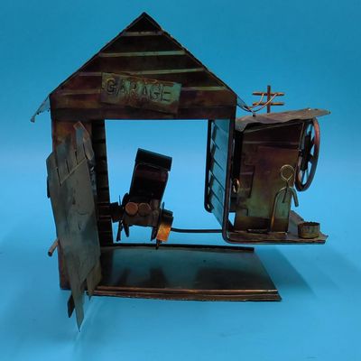 Patinated Sheet‑Metal 'GARAGE' Miniature Sculpture with Small Car and Opening Door
