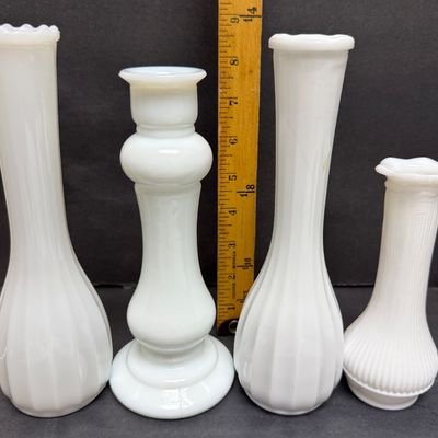 Vintage Milk Glass Bud Vases & Candlestick Holder - Set of 4