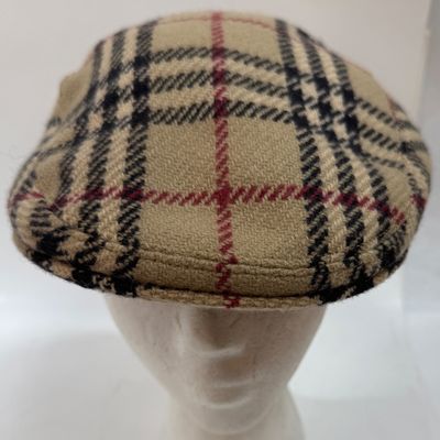Vintage Burberry of XL Checkered Plaid Burberry's Newsboy Cabbie Cap Hat- Tan Black Red LIKE NEW