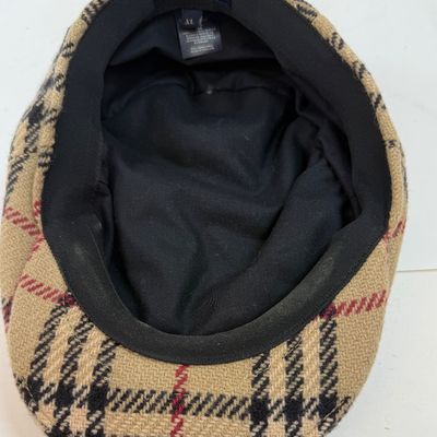 Vintage Burberry of XL Checkered Plaid Burberry's Newsboy Cabbie Cap Hat- Tan Black Red LIKE NEW