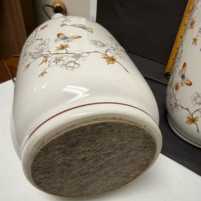 Vintage Ceramic Ginger Jar Table Lamps with Butterflies & Blossoms - Pair
