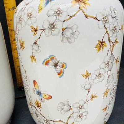 Vintage Ceramic Ginger Jar Table Lamps with Butterflies & Blossoms - Pair