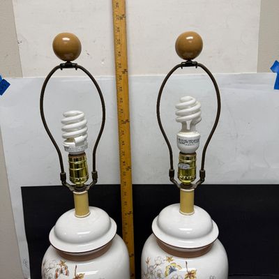 Vintage Ceramic Ginger Jar Table Lamps with Butterflies & Blossoms - Pair