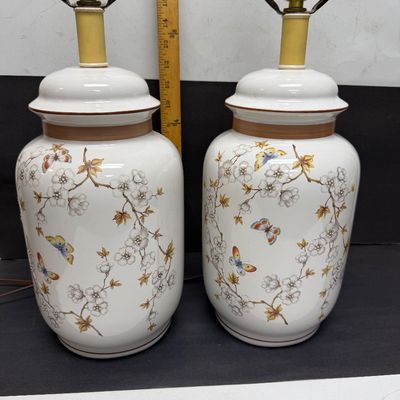 Vintage Ceramic Ginger Jar Table Lamps with Butterflies & Blossoms - Pair