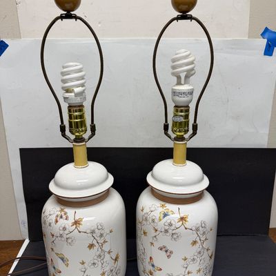 Vintage Ceramic Ginger Jar Table Lamps with Butterflies & Blossoms - Pair