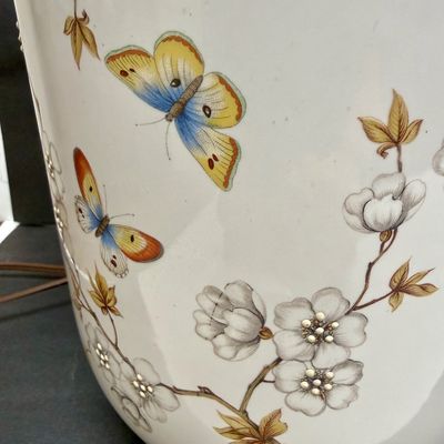 Vintage Ceramic Ginger Jar Table Lamps with Butterflies & Blossoms - Pair