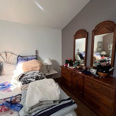 Sale Photo Thumbnail #31: double dresser, mirrors,  blankets and linens.