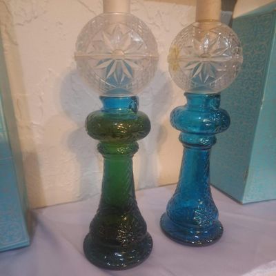Pair of Vintage Mansion Brand Colored Glass Miniature Oil Lamps with Boxes